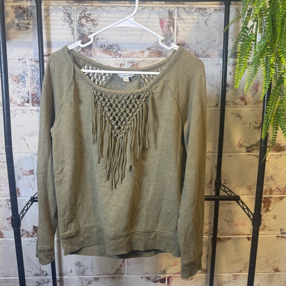 American Eagle Outfitters Olive Fringe Pullover Sweater Women’s Size S - Picture 1 of 5